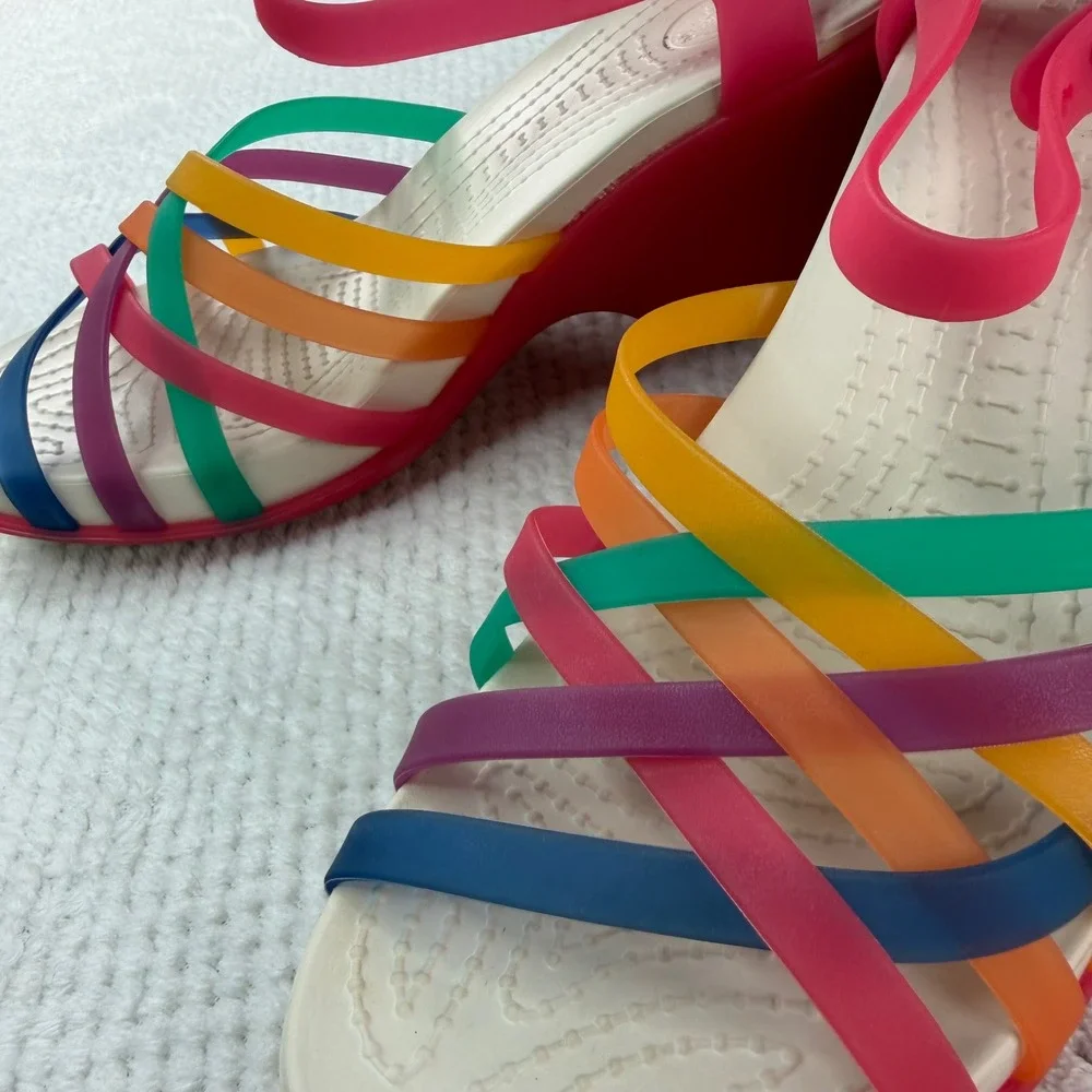 Crocs Huarache Multi Color Strappy Wedge Sandals Pink Women Size 8